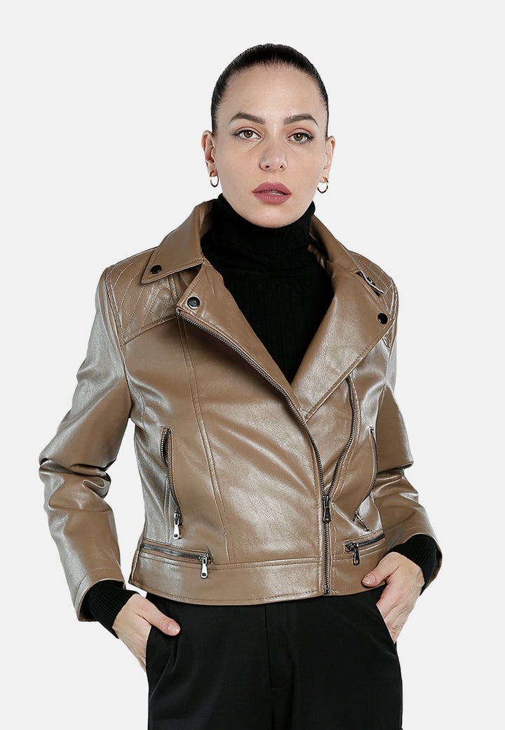 faux leather collared biker jacket#color_coffee