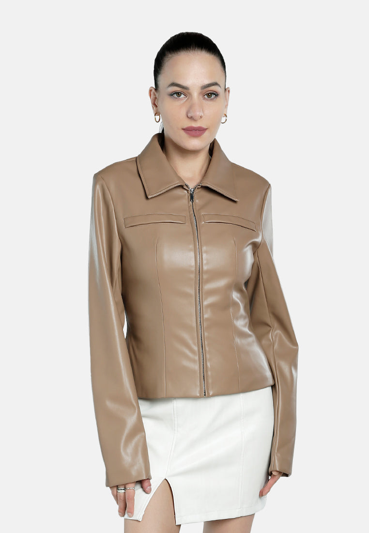 faux leather collared jacket#color_mushroom