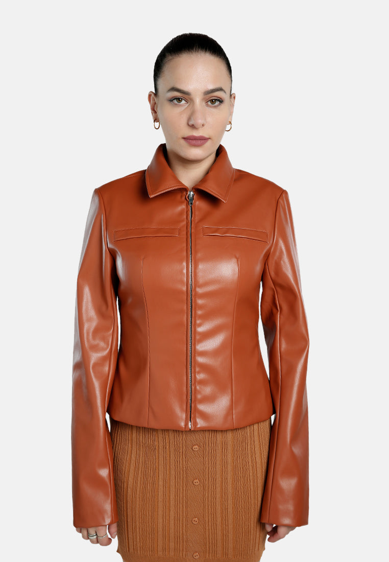 faux leather collared jacket#color_tan