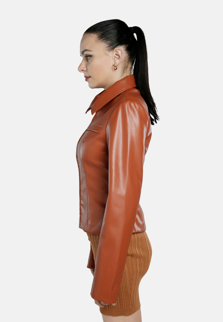 faux leather collared jacket#color_tan