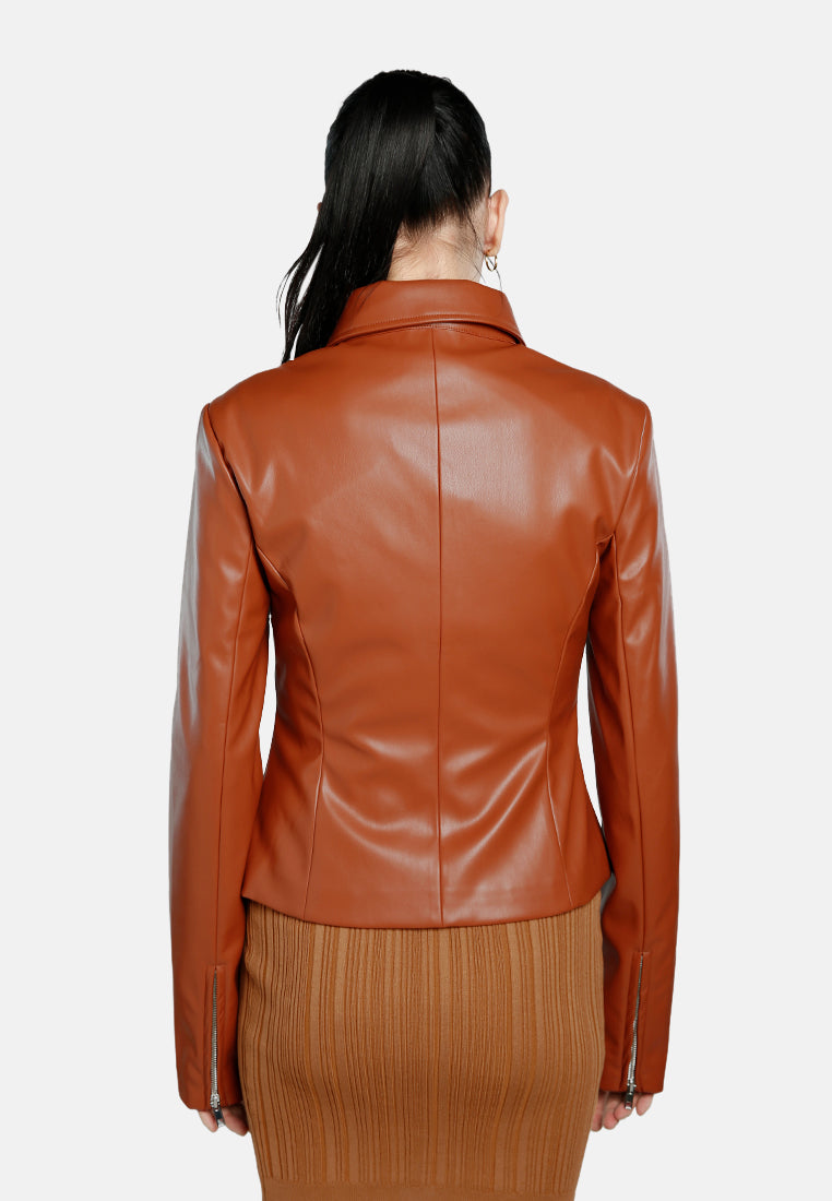 faux leather collared jacket#color_tan