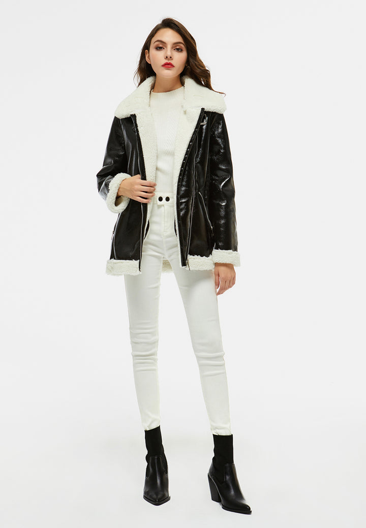 faux leather fur lined jacket#color_black