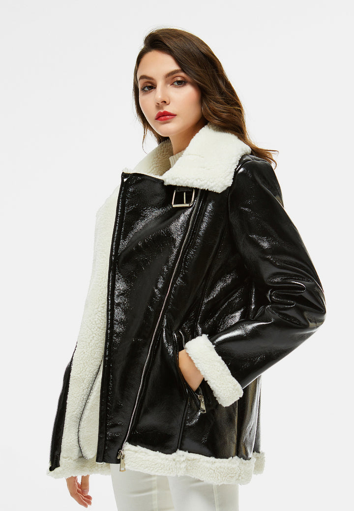 faux leather fur lined jacket#color_black