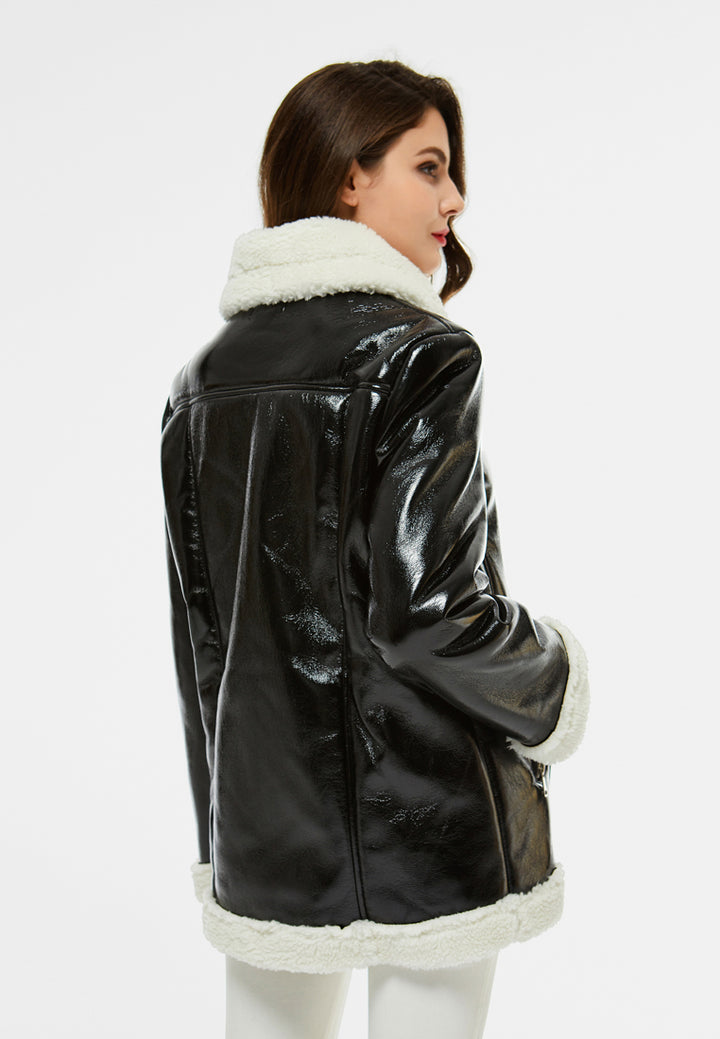 faux leather fur lined jacket#color_black