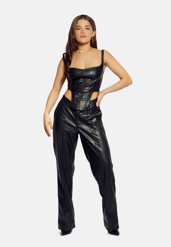 faux leather long corset top#color_black