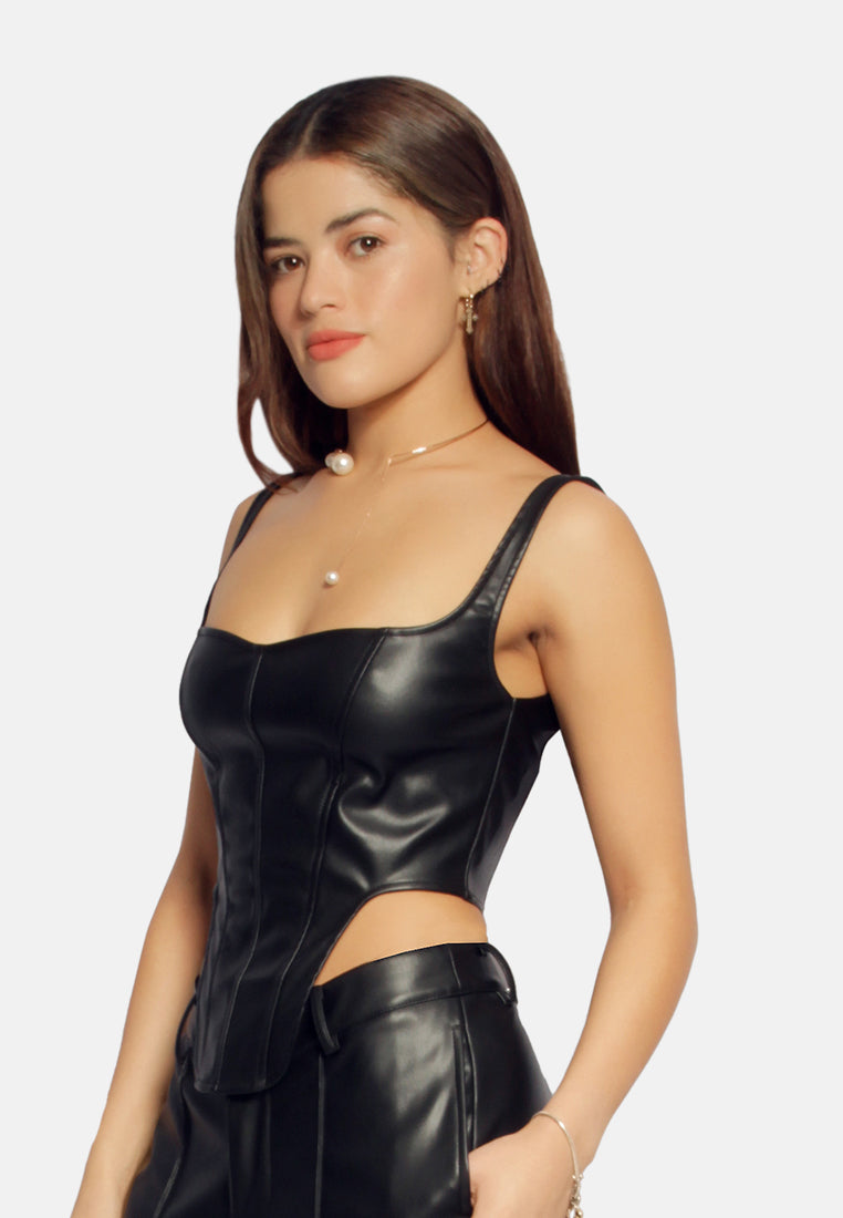 faux leather long corset top#color_black