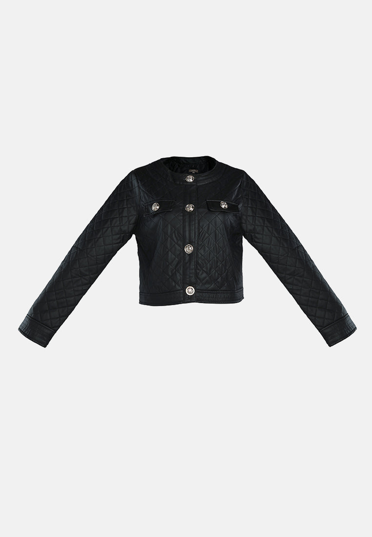 faux leather quilted jacket#color_black