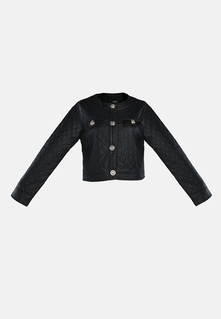 faux leather quilted jacket#color_black