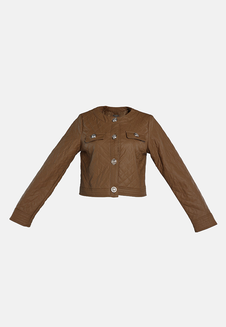 faux leather quilted jacket#color_brown