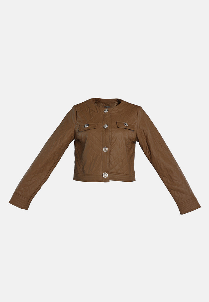 faux leather quilted jacket#color_brown