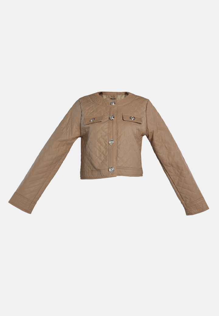 faux leather quilted jacket#color_taupe