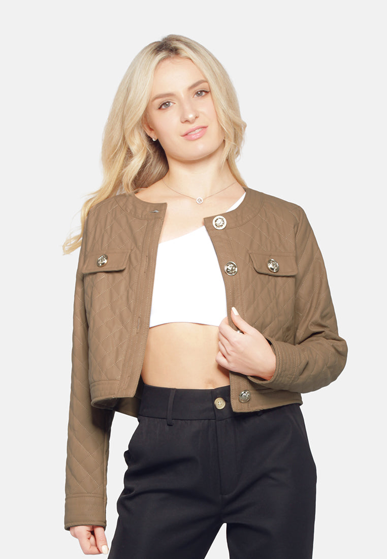 faux leather quilted jacket#color_taupe