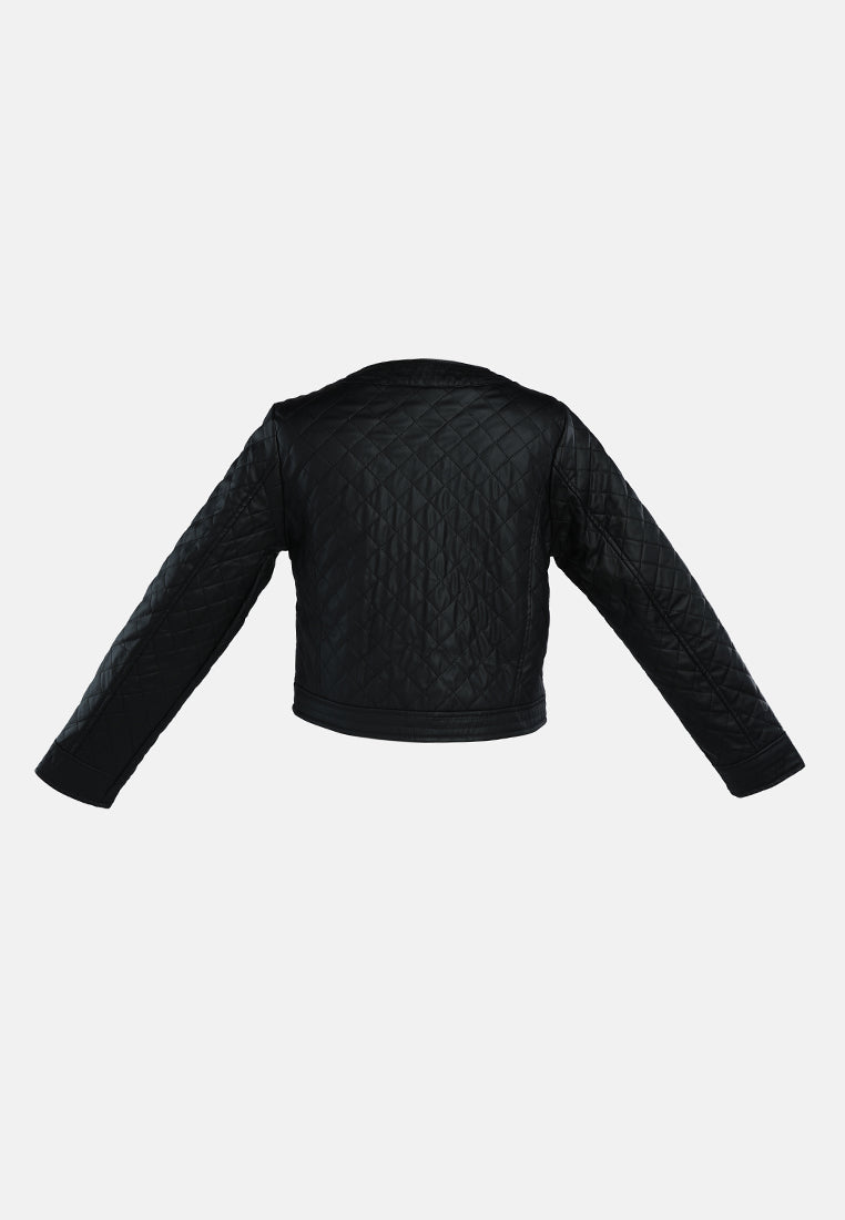 faux leather quilted jacket#color_black