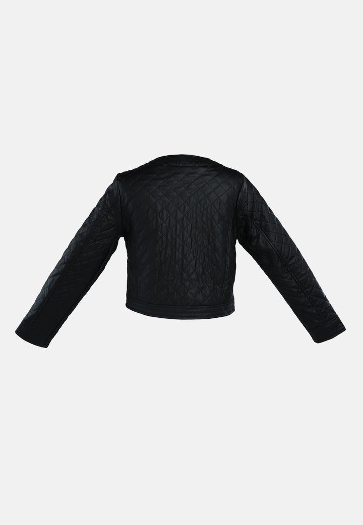 faux leather quilted jacket#color_black