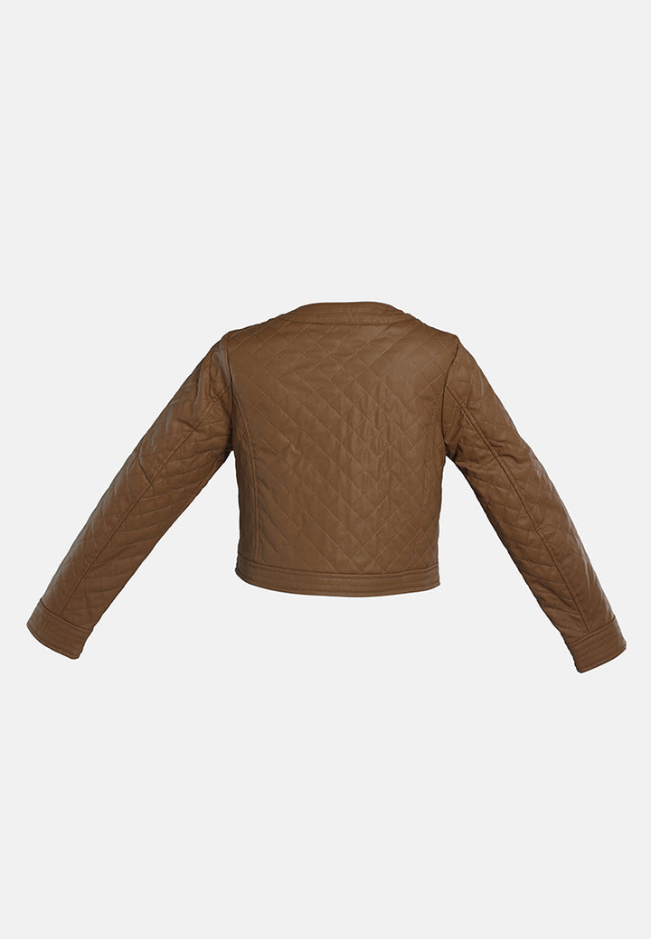 faux leather quilted jacket#color_brown