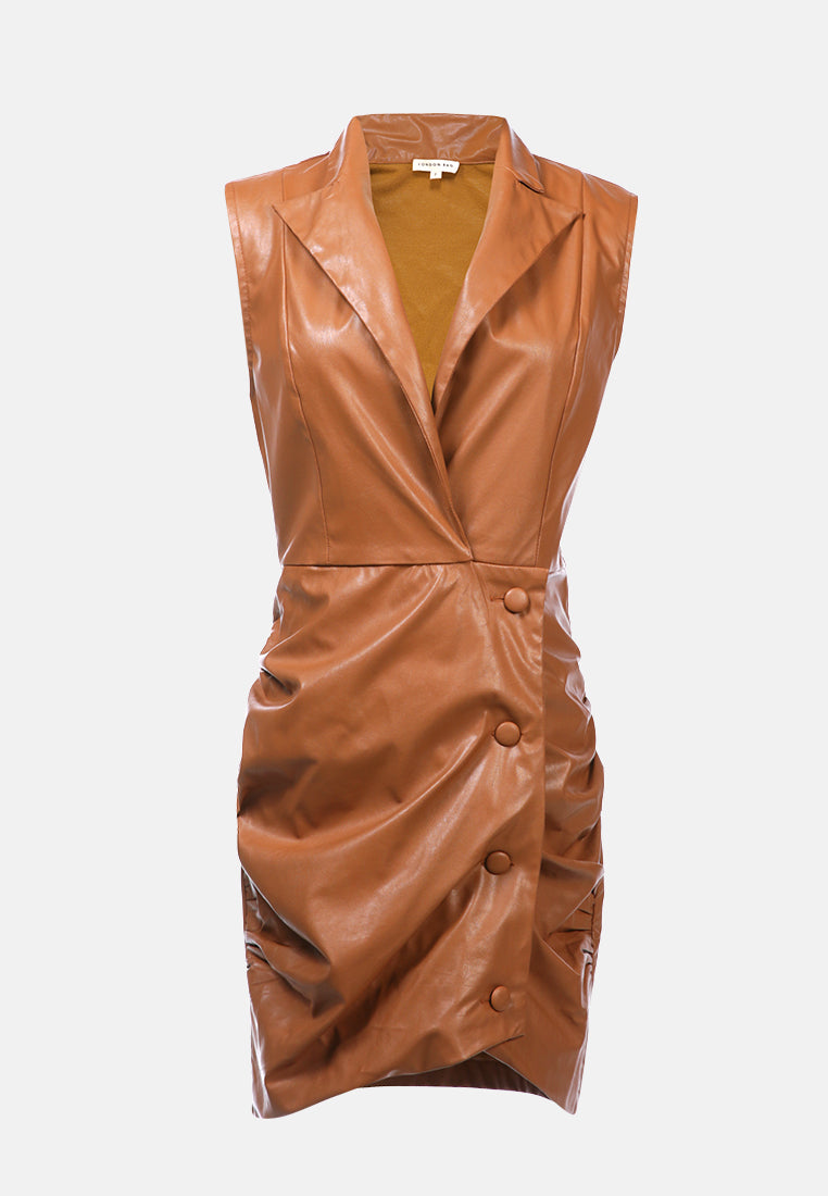 faux leather short blazer dress#color_brown