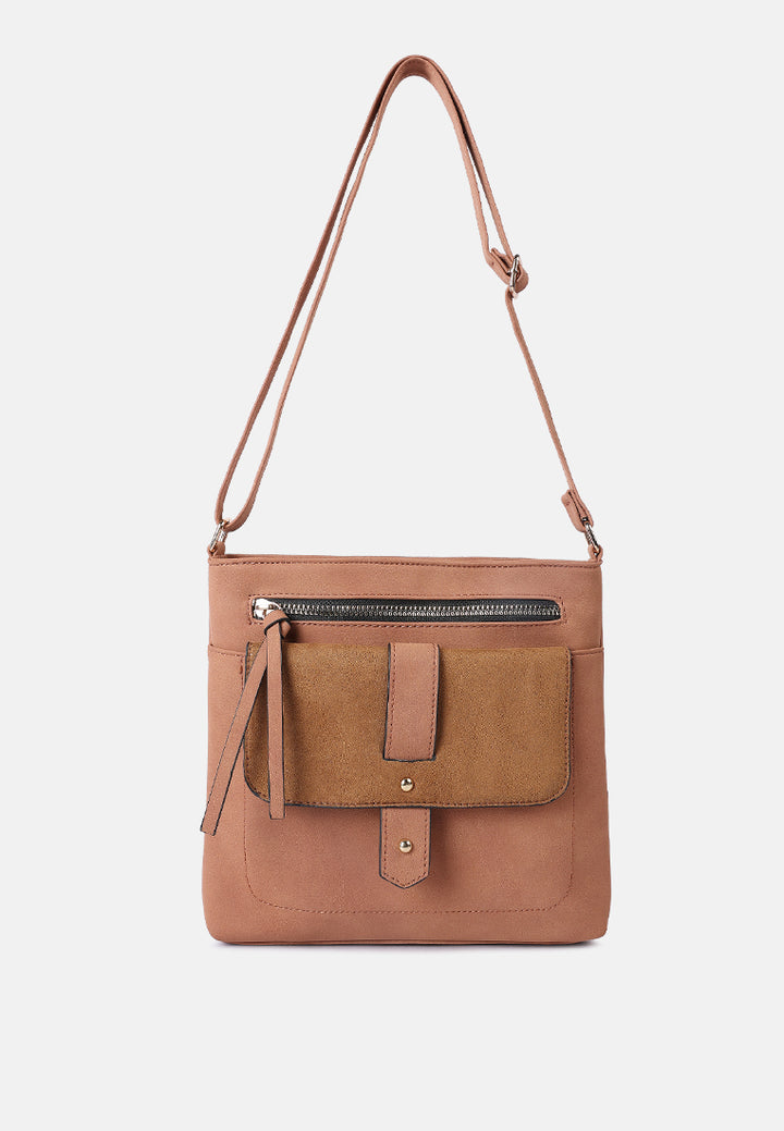 faux leather sling bag#color_brown