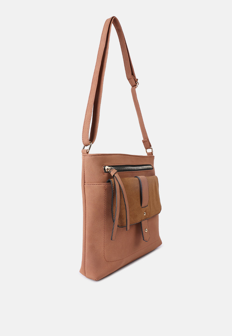 faux leather sling bag#color_brown