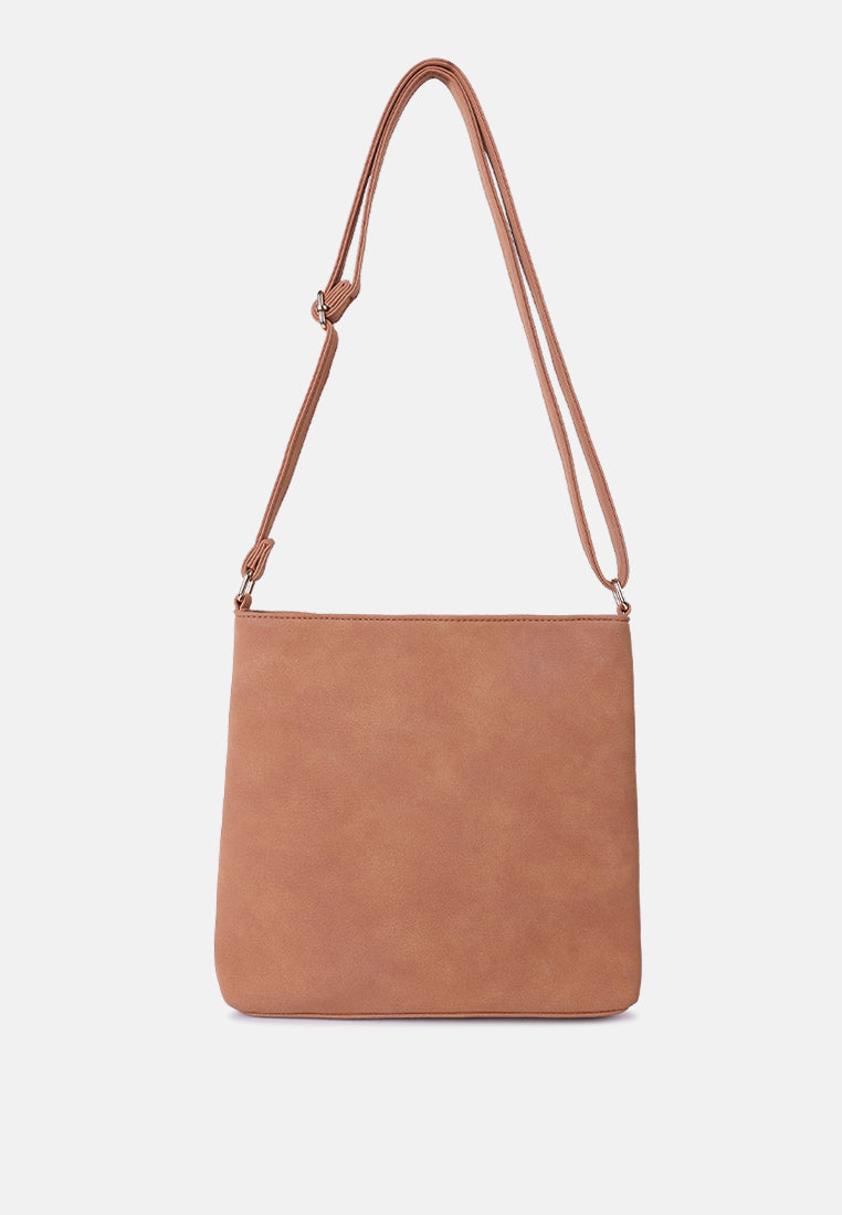 faux leather sling bag#color_brown