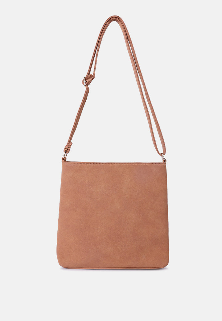 faux leather sling bag#color_brown