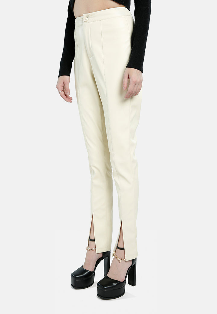 faux leather split hem pants#color_cream