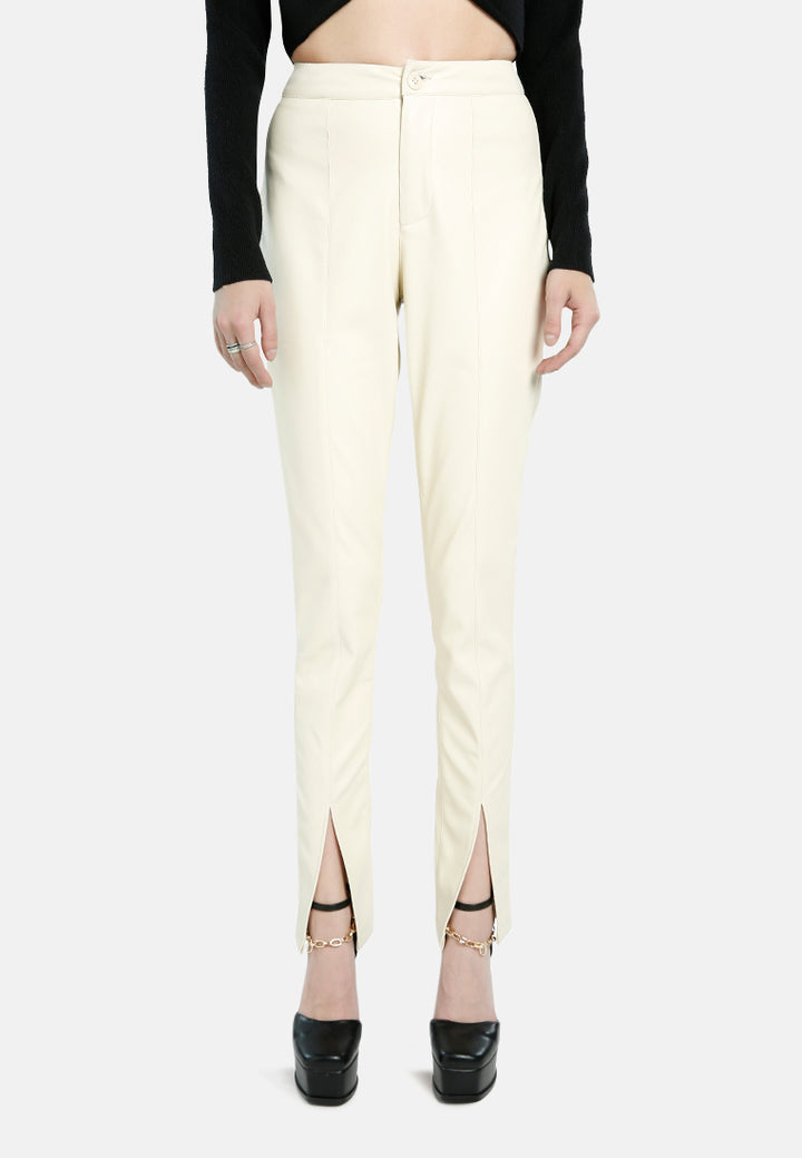 faux leather split hem pants#color_cream