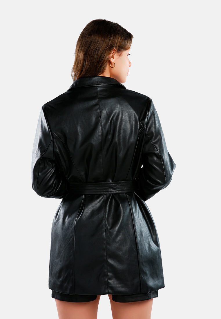 faux leather wrap around coat#color_black