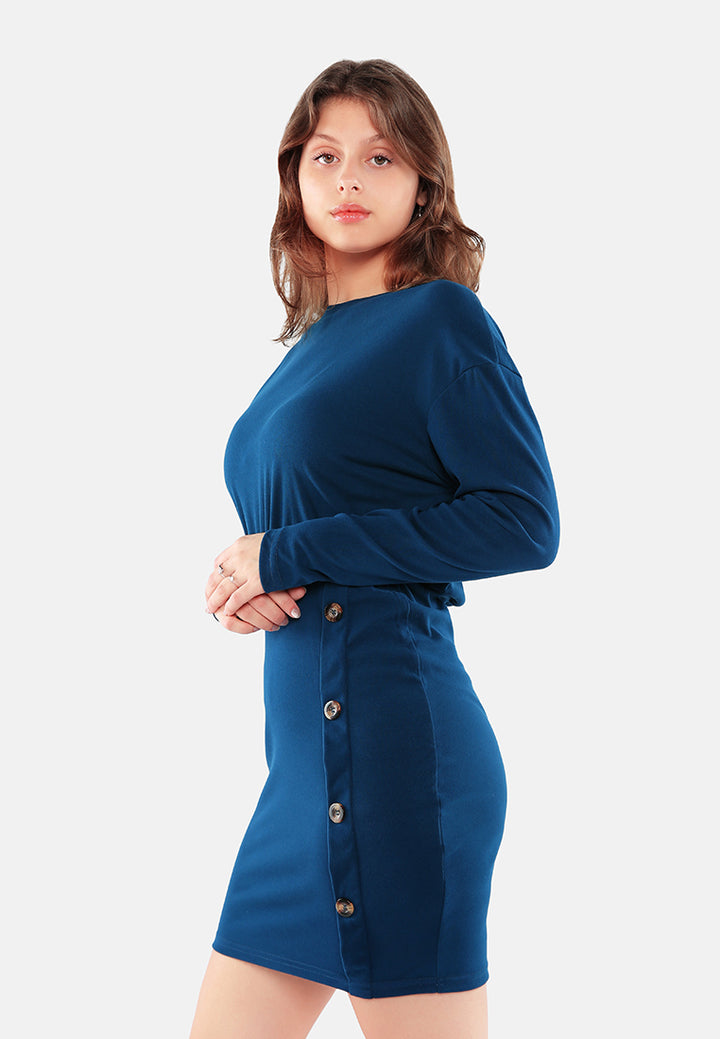 fitted button detail bodycon dress#color_blue