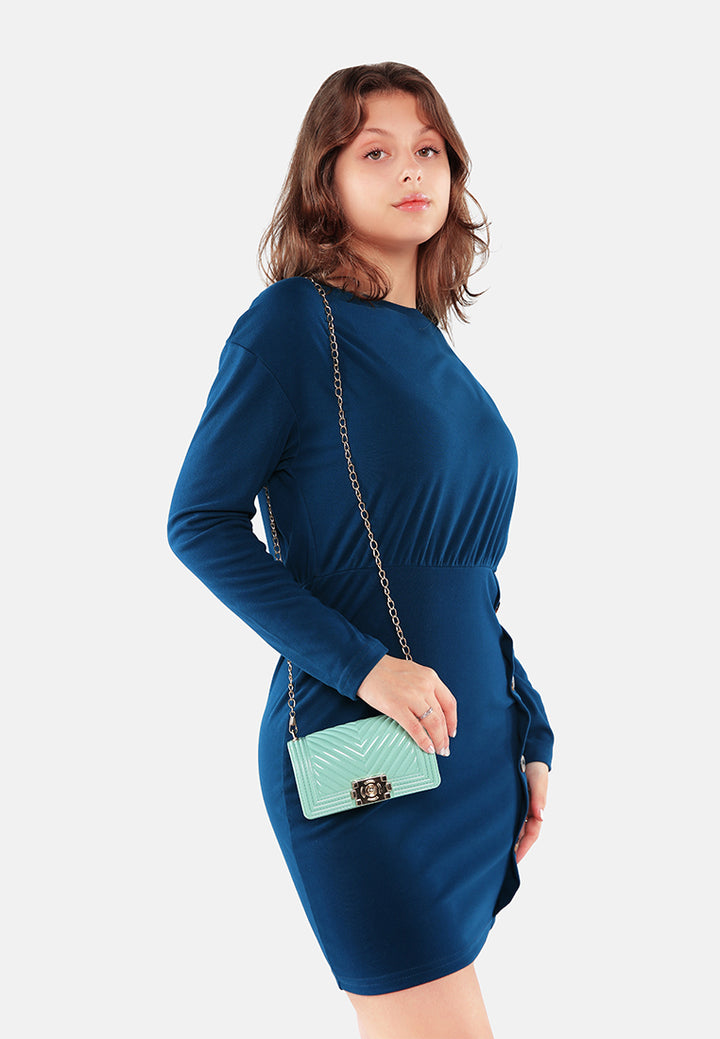 fitted button detail bodycon dress#color_blue