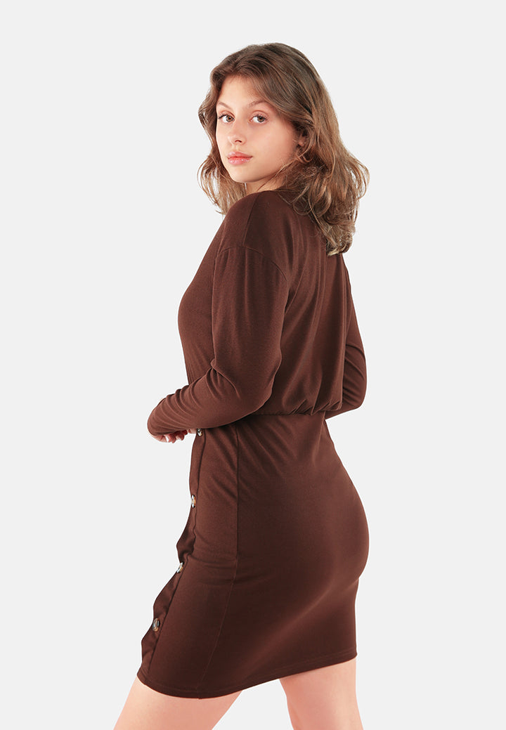 fitted button detail bodycon dress#color_coffee