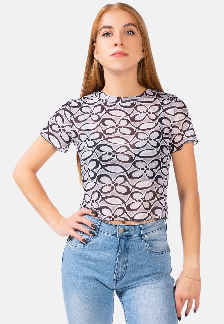 floral print casual crop top#color_black