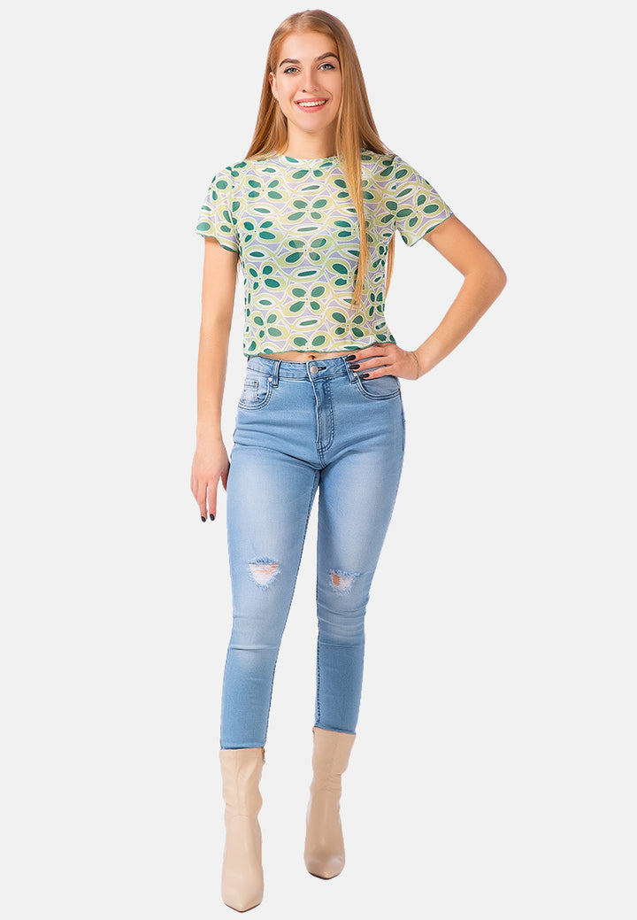 floral print casual crop top#color_green