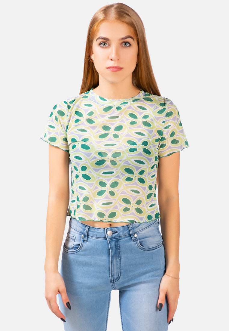 floral print casual crop top#color_green