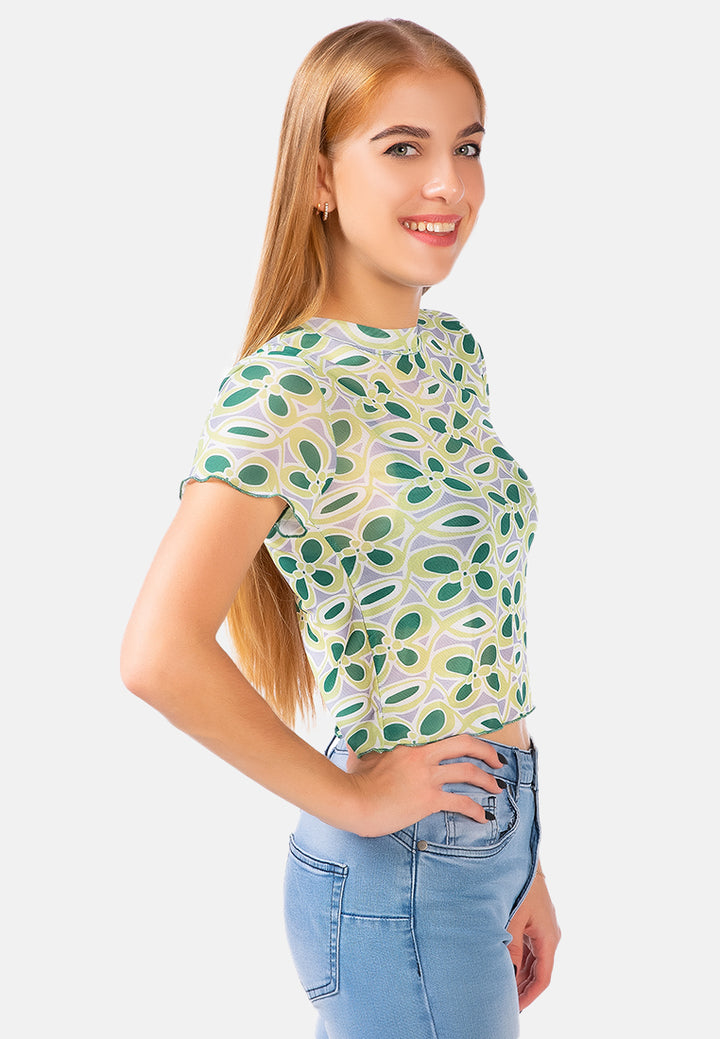 floral print casual crop top#color_green