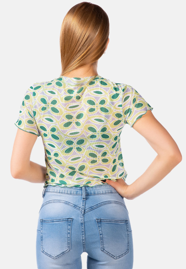 floral print casual crop top#color_green