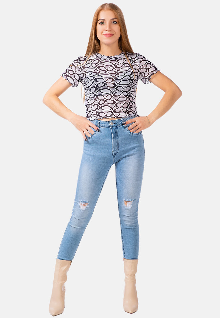 floral print casual crop top#color_black