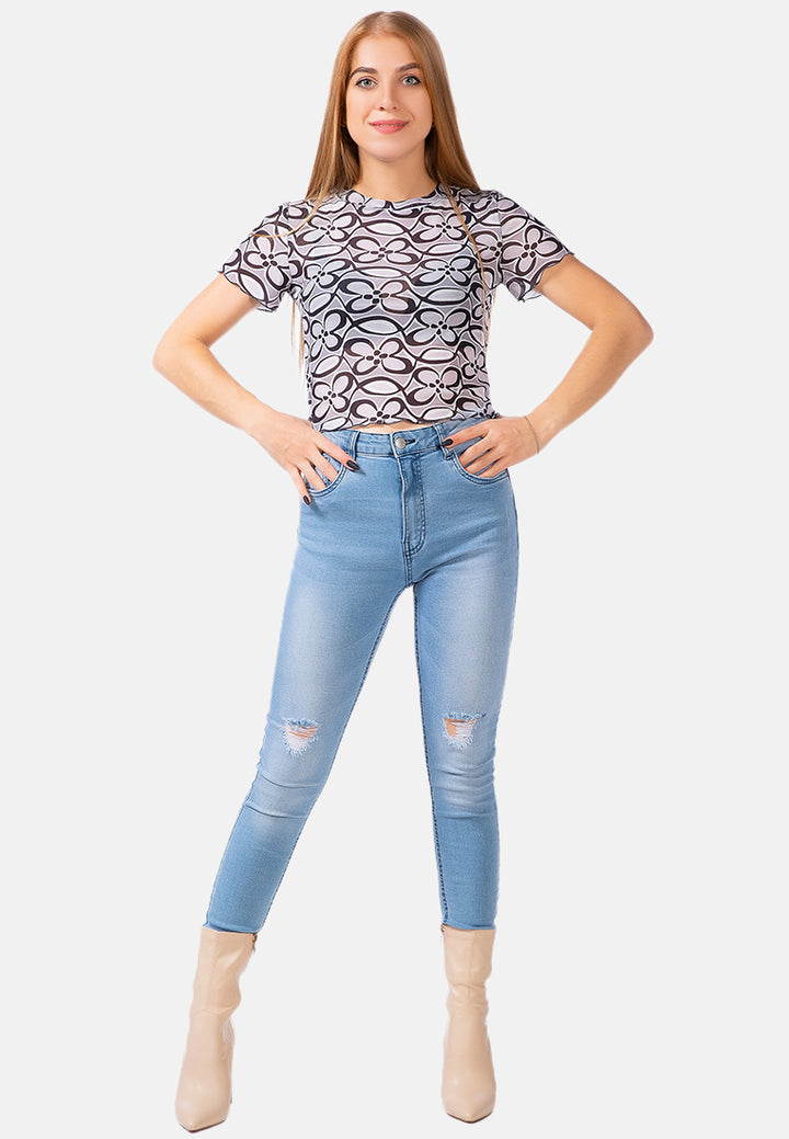 floral print casual crop top#color_black