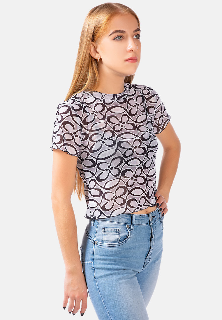floral print casual crop top#color_black