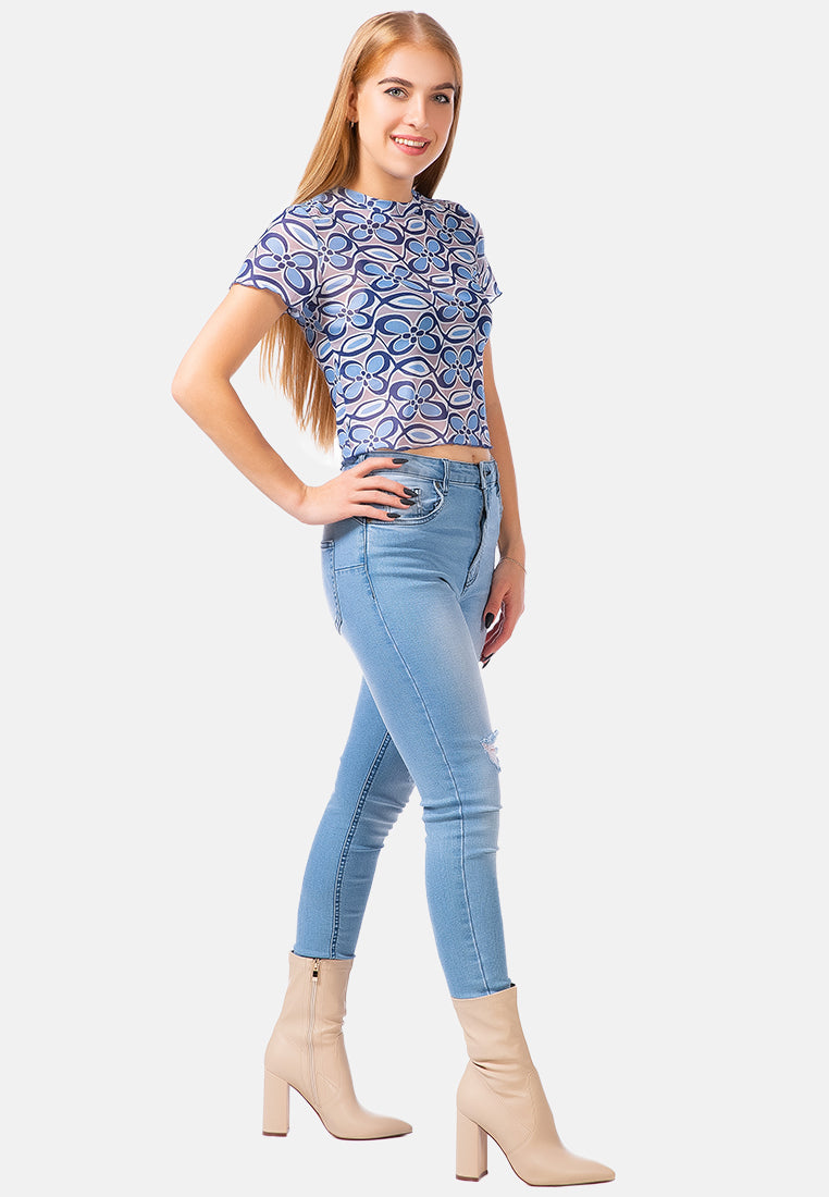 floral print casual crop top#color_blue