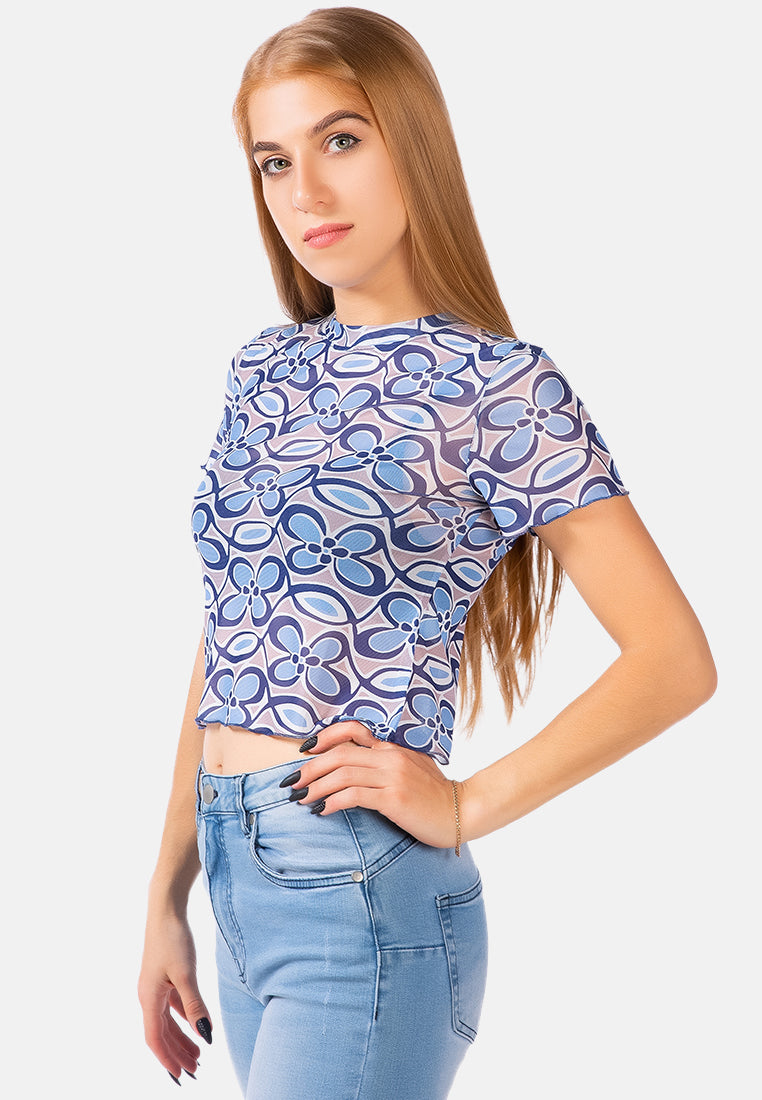 floral print casual crop top#color_blue