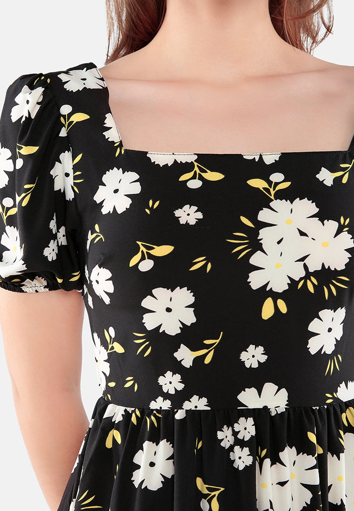 floral puff sleeves open back dress#color_black