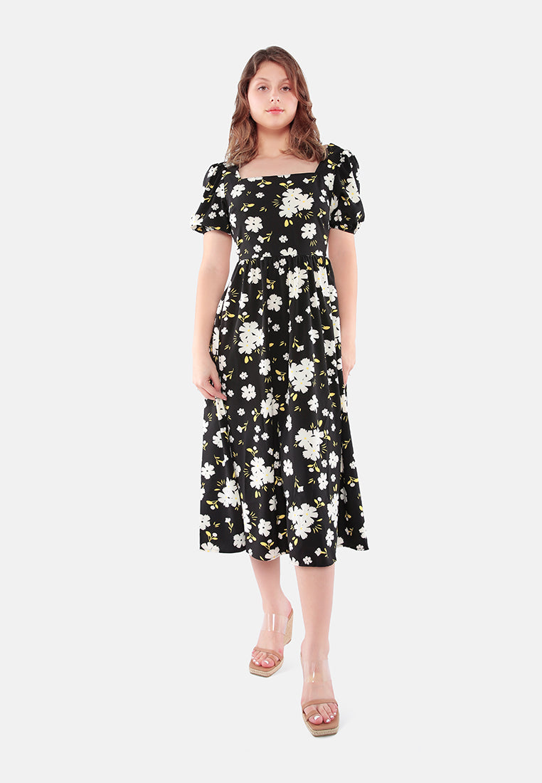floral puff sleeves open back dress#color_black