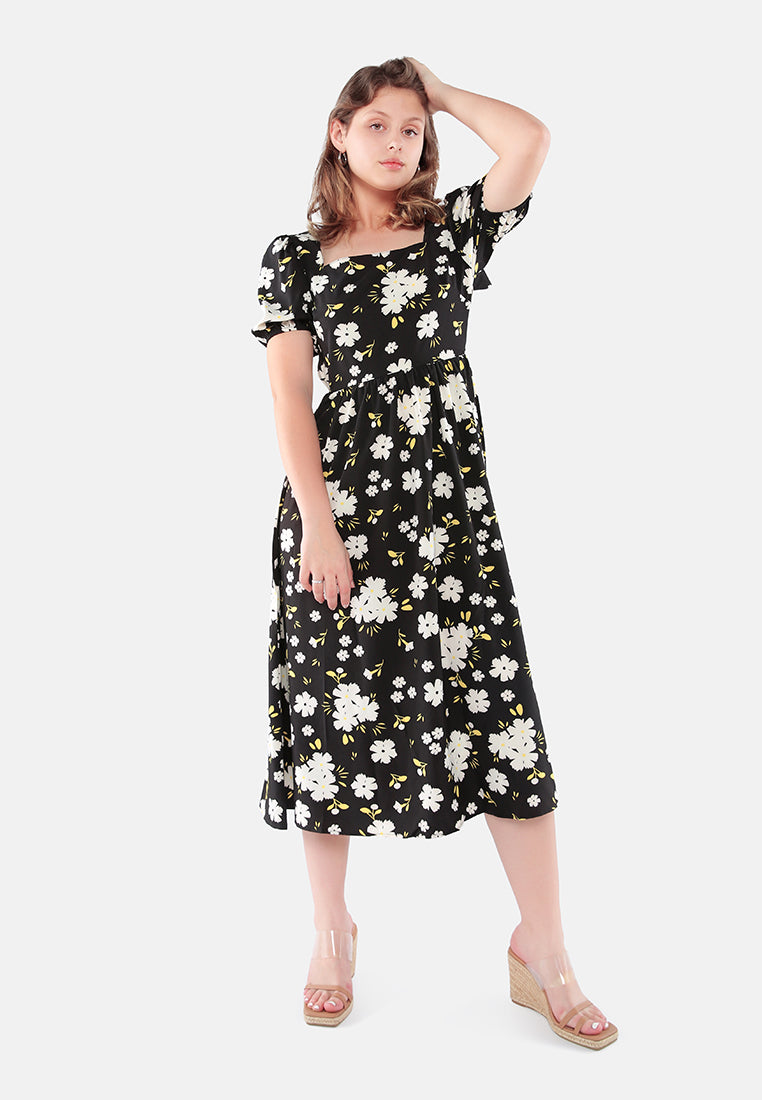 floral puff sleeves open back dress#color_black