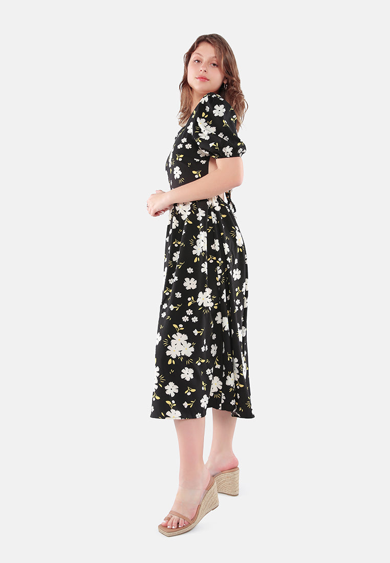 floral puff sleeves open back dress#color_black