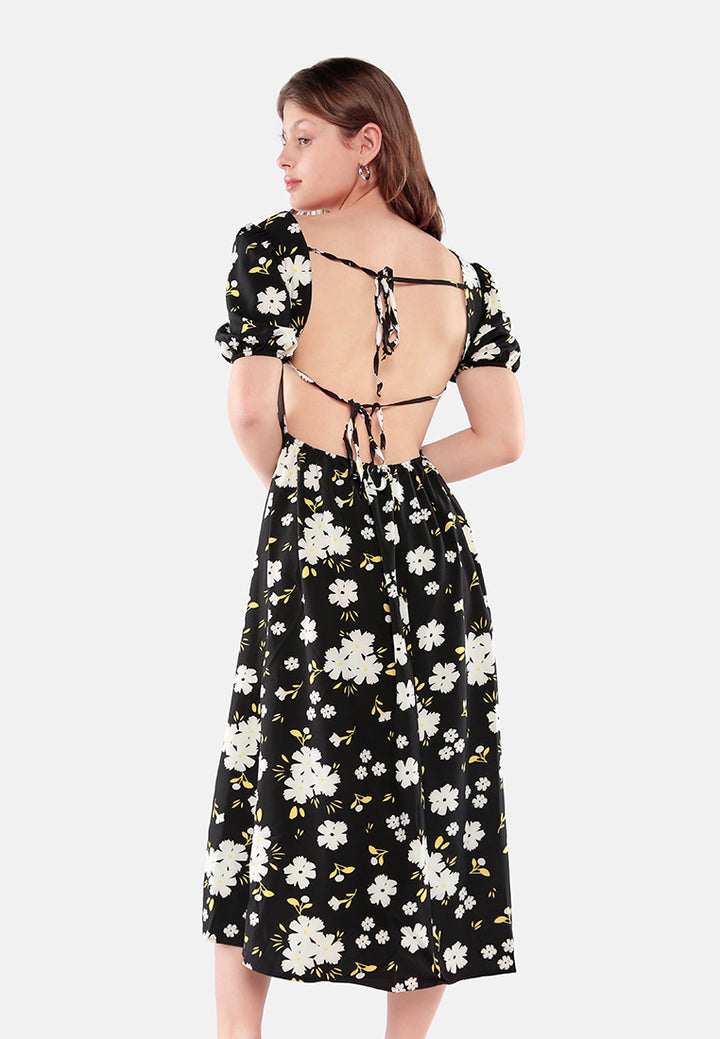 floral puff sleeves open back dress#color_black
