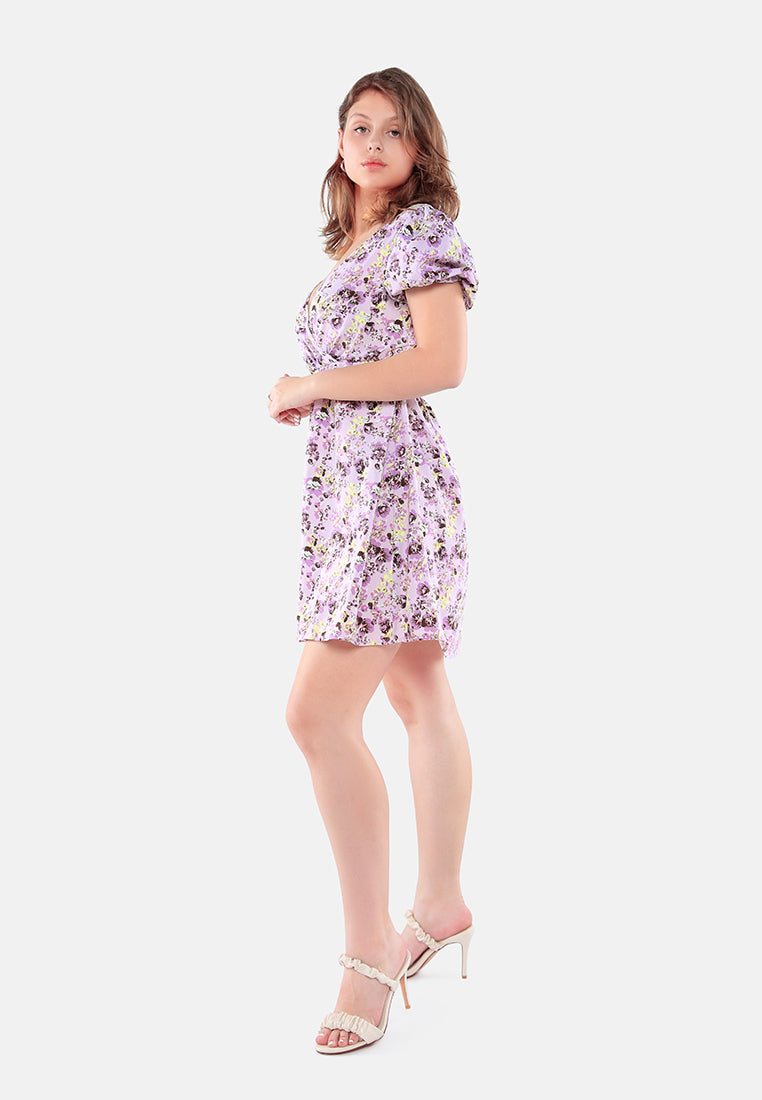 floral short cut out dress#color_purple