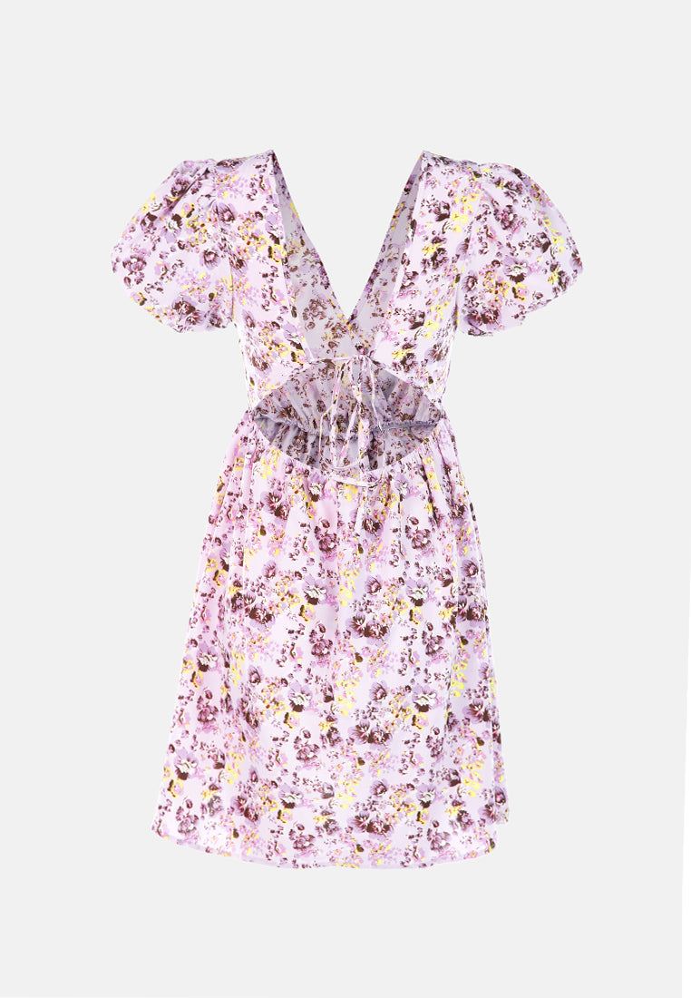 floral short cut out dress#color_purple