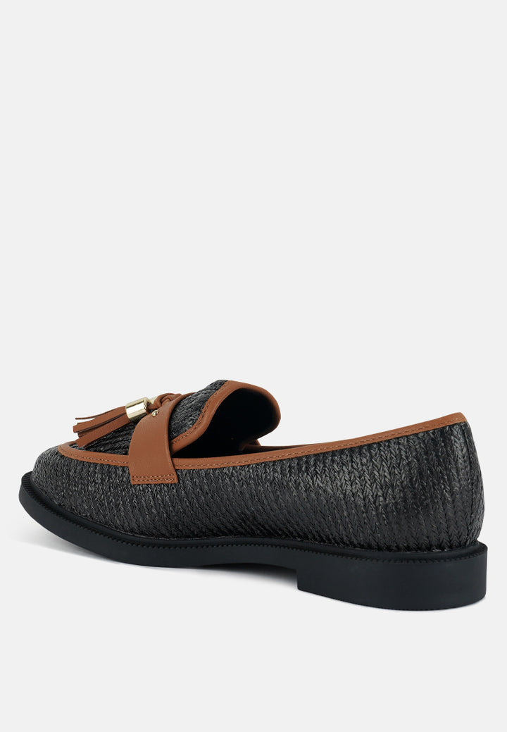 foxford tassle detail raffia loafers#color_black