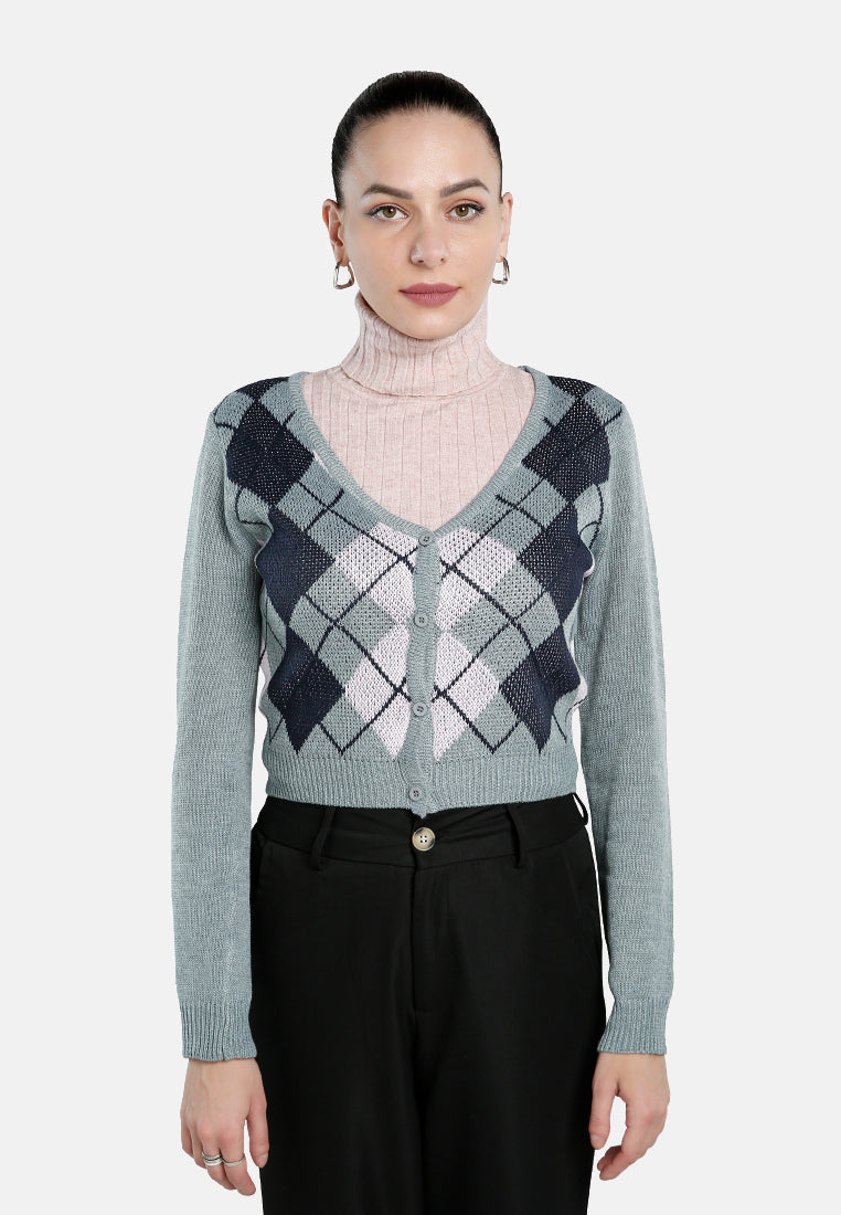 full sleeve argyle checks cardigan#color_grey