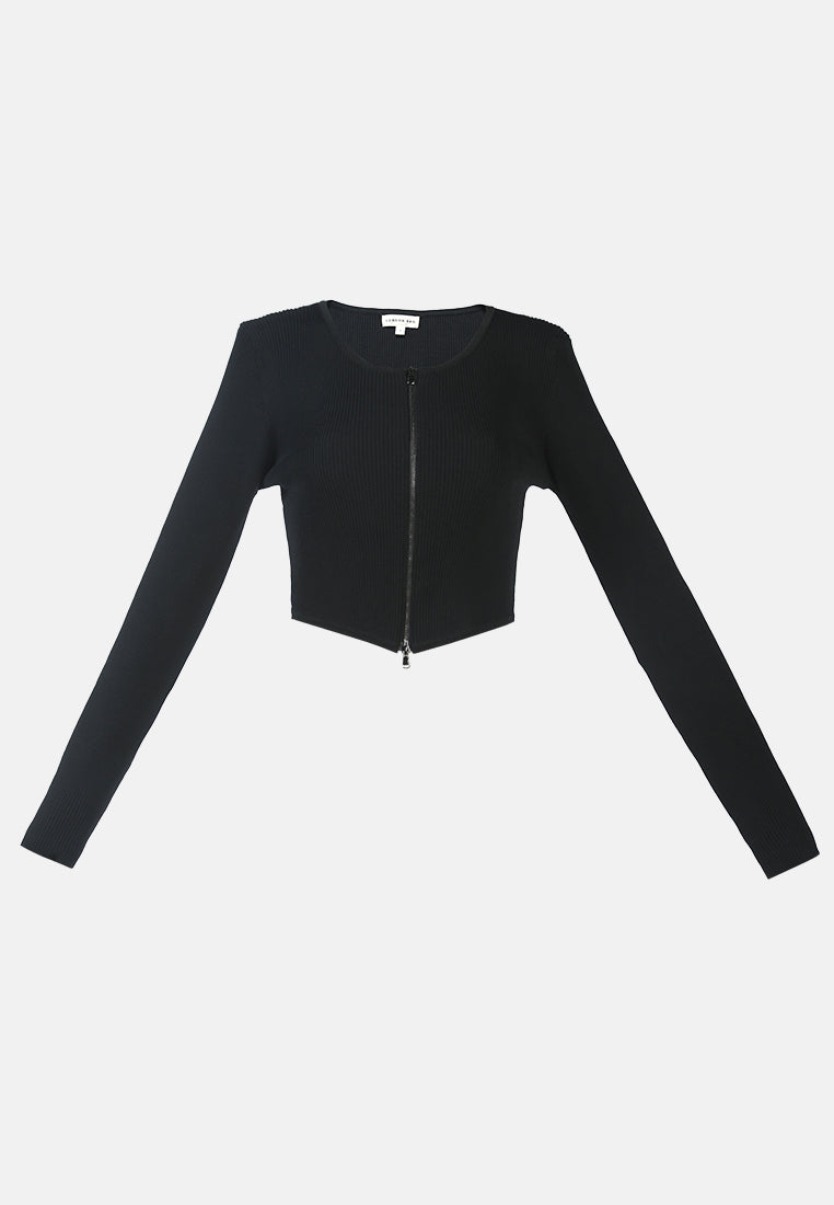 full sleeve knitted crop cardigan#color_black
